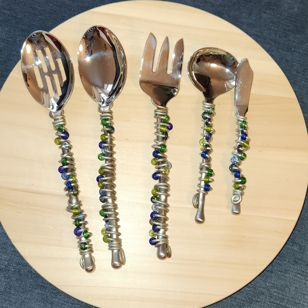 Hand beaded and wire wrapped   silverware serving set pieces